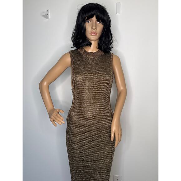 NWT “WOW Couture Gold Metallic Mesh Bodycon Dress w/ Chain Detail large - Picture 11 of 17
